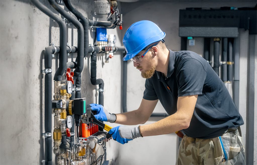 Energywave landing page uniti dalla stessa energia un uomo installa un sistema di riscaldamento una casa e controlla i tubi con una chiave inglese